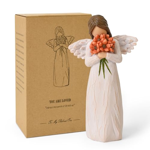 Guardian Angel Figurines Holding Red-Orange Flowers | Sculpted Hand-Painted Resin Angels Statue Gifts of Hope & Emotional Renewal, Home Decor Ornament, Mother's Day - style: Red-Orange Flowers