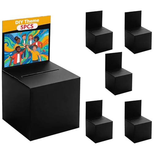 5 Pack Raffle Box Ballot Box with Slot, 6 x 6 x 6 Inch Black Cardboard Suggestion Box with Removable Header, for Collecting Business Card Voting Contest Fundraising Donation and Suggestion - color: Black, size: 5Pack
