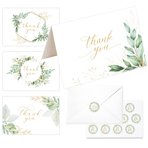20 Eucalyptus Matt Gold Foil Greenery Thank You Cards with Envelopes & Stickers 4x6 Inch, Bulk Thank You Notes, Suitable for Business, Baby Shower, Wedding, Graduation, Bridal Shower, Funeral - color: Greenery