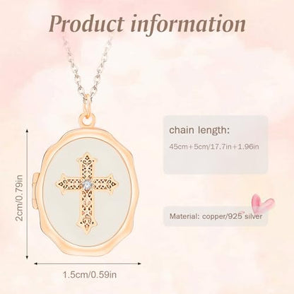 18K Gold Cross Locket Necklace for Women Holds Photo Necklace with Personalized Picture Necklaces Pendant 18 Inch Birthday Mother's Day for Women - color: Rose Gold Cross