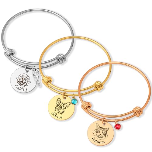 Anavia Personalized Pet Portrait Bangle Bracelet, Handmade Pet Memorial Expandable Charm Bracelet Jewelry Gift, Customized Round Disc Photo Engraved Dog Cat Bracelet for Animal Lovers - color: Silver, size: Small Bangle - 22mm Disc