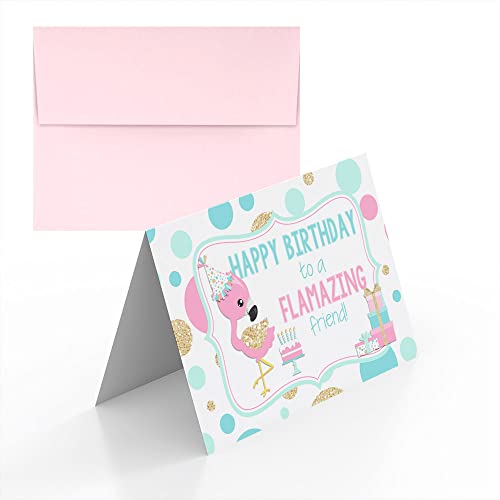 FLAMAZING Friend Flamingo Themed Birthday Pun Themed Single (1) All Occasion Blank Birthday Card To Send To Friends & Family, 4"x 6" (when folded) Fill In Greeting Note Card by AmandaCreation - style: FLAMAZING Friend