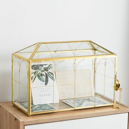 Glass Wedding Card Box with Slot, 12.5'' Large Clear Card Box Gold Brass Gift Card Storage Box with Lock Perfect for Wedding Receptions, Baby Shower, Birthday Party, Bridal Shower - color: B-Gold Card Box 12.6''
