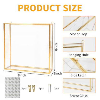 8x8 Travel Shadow Box Frame with Slot on Top, Glass Shadow Display Box Memory Top Loading Shadow Keepsake Box for Tickets, Photos,Wine Bottle Caps,Collections(Gold)