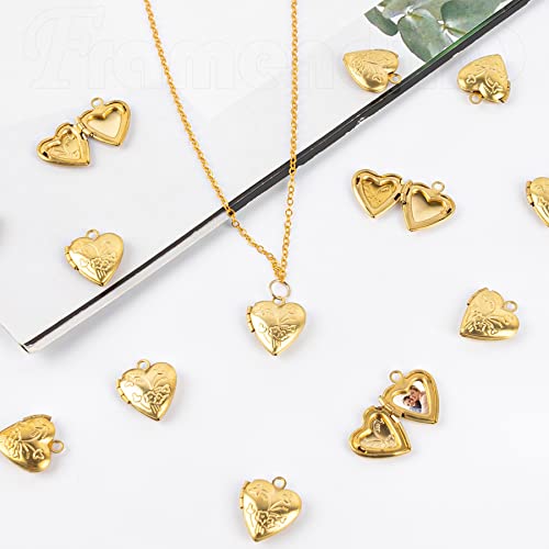Framendino, 20 Pack Gold Heart Photo Frame Charms Locket Pendants Memory Pendant for DIY Necklace Bracelet Jewelry Making