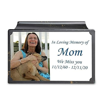 GetUrns Cultured Marble Urn Vault by Mackenzie with Personalized Picture and Text for Human Ashes I Black & Gold Adult Urns for Male and Female I 210lbs - color: Black & Gold