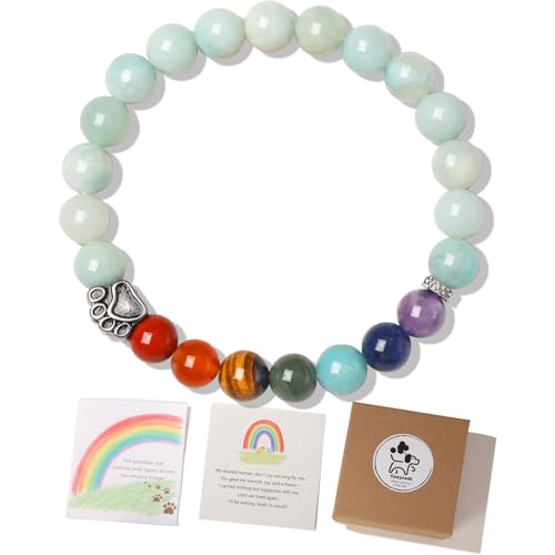 Pet Memorial Gifts for Dogs, Rainbow Bridge Paw Print Beaded Bracelet in Memory of Dog, Cats Passed Away Bereavement Gifts, Pet Cat Loss Sympathy Gift Remembrance Jewelry, Amazonite, S - color: Amazonite&Rainbow