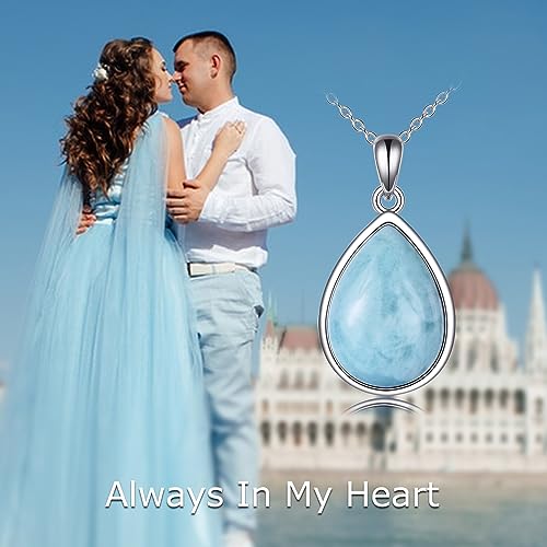 CRMAD Larimar/Opal/Lapis Lazuli/Tourmaline/Malachite/Labradorite/Turquoise/Onyx/Rose Quartz/Amber/Peridot Necklace for Women 925 Sterling Silver Teardrop Pendant Jewelry Gifts - color: Larimar