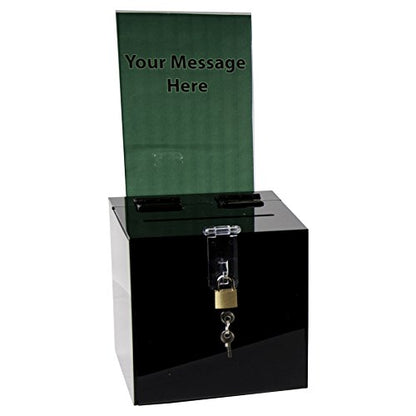 Clear-Ad - Acrylic Donation, Ballot, Raffle or Suggestion Box with Lock and Removable Sign Holder - Plastic Comment or Compaint Container - Plexiglass Multipurpose Box with Slot - Black (6x6) - size: 6 x 6 Black