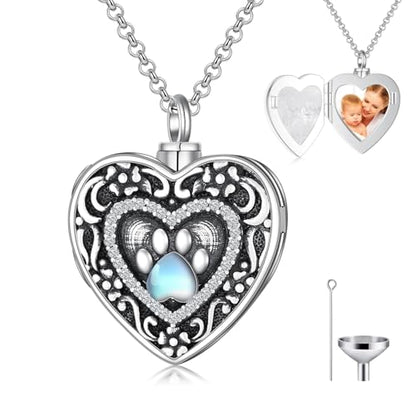 PELOVNY Urn Necklaces for Ashes of Loved Ones 925 Sterling Silver Personalized Heart Locket Urn Necklace Cremation Keepsake Memorial Jewelry Gifts for Women Men - color: Paw Print Locket Urn