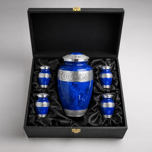 Blue Marble Cremation Urn Set for Human Ashes – Large Adult Memorial Urn with 4 Keepsake Urns, Family Sharing Urn Set, Tribute of Love and Remembrance - color: Blue