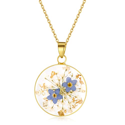 AUNTESIGN Forget-Me-Not and Queen Anne's Lace Pressed Wildflower Necklace | Birth Month Flowers Necklace | Gold/Silver Pressed Flower Jewelry | Mother's Day | Gift For Her - color: Forget-Me-Not and Queen Anne's Lace