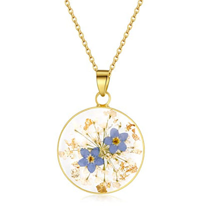 AUNTESIGN Forget-Me-Not and Queen Anne's Lace Pressed Wildflower Necklace | Birth Month Flowers Necklace | Gold/Silver Pressed Flower Jewelry | Mother's Day | Gift For Her - color: Forget-Me-Not and Queen Anne's Lace