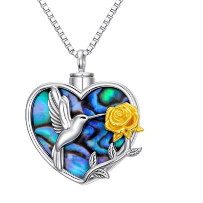 WINNICACA Cremation Jewelry for Ashes Locket Ashes Necklace Urn Necklace for Women Sterling Silver Cremation Necklace for Ashes Fine Keepsake Picture Necklace Memorial Jewelry - style: D01-Hummingbird Urn Necklace(Abalone)
