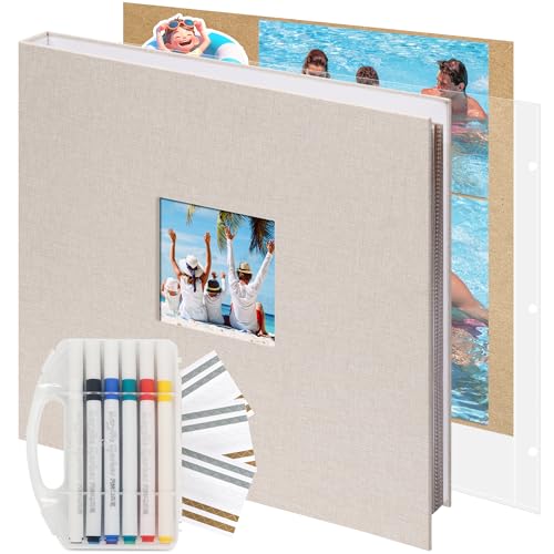 Vienrose Scrapbook Photo Album,12x12 Inch,3 Ring Binder,Off White,60 Pages | Linen Cover Scrapbook, 30 Plastic Sleeves, 60 Blank Black Inner Pages for Wedding Birthday Travel Baby - color: Beige, size: 12 X 12 IN 30 Sheets