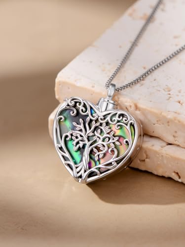 WINNICACA Cremation Jewelry for Ashes Locket Ashes Necklace Urn Necklace for Women Sterling Silver Cremation Necklace for Ashes Fine Keepsake Picture Necklace Memorial Jewelry - style: F01-Tree of Life Urn Necklace(Abalone)
