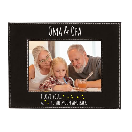 CustomGiftsNow Oma & Opa I Love You To The Moon And Back UV Printed Black Leatherette Faux Leather Hanging/Tabletop Personalized Group Family 4x6 Photo Landscape Picture Frame - size: 4x6-inch Horizontal