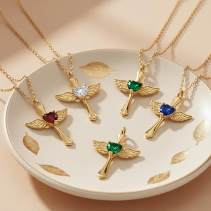 14K Gold Angel Wings Cross URN Necklace Cremation Necklaces for Ashes Embellished with Birthstone, Yellow Gold Fine Keepsake Memorial Jewelry - color: March Birthstone