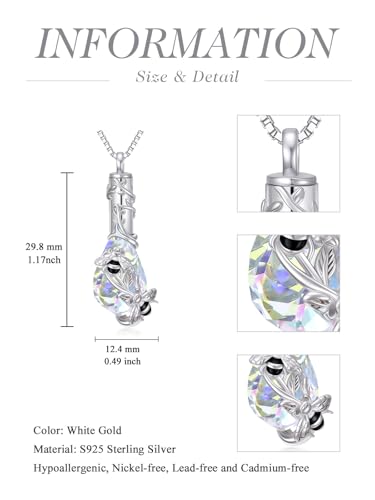 JKR Heart Urn Necklace for Ashes Crystal Keepsake Pendant Memorial Jewelry - style: Bee-Teardrop