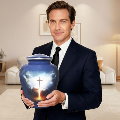 M MEILINXU Cremation Urns for Human Ashes, Grey Blue Cross, Large Adult Urn - color: Grey Blue