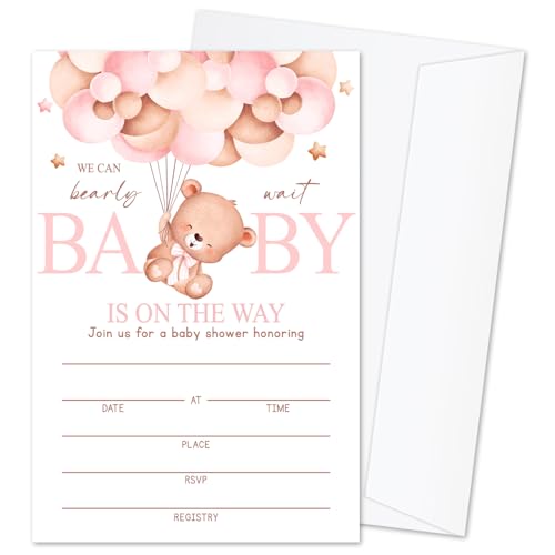 We Can Bearly Wait Baby Shower Invitations for Girls, Bear Balloon Invite Cards for Baby Announcement, 25 Set of Fill-in Baby Shower Invites with Envelopes, Gender Reveal Party Supplies -B07 - color: Pastel