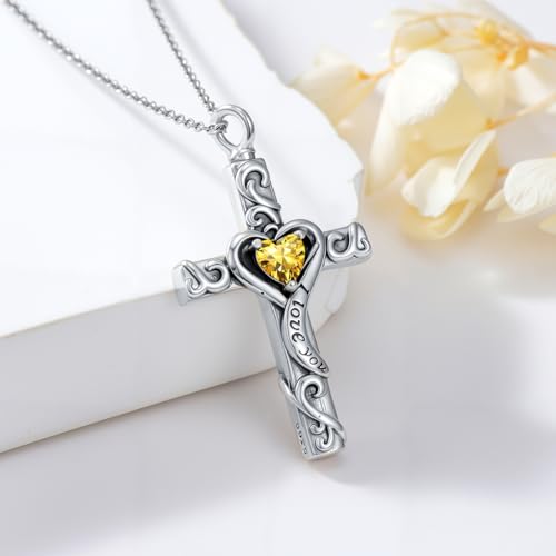 TOUPOP Cross Urn Necklaces for Ashes Birthstone Cremation Jewelry 925 Sterling Silver Cross Memorial Keepsake Jewelry for Women (with Funnel Filler) - color: 11-November-Citrine