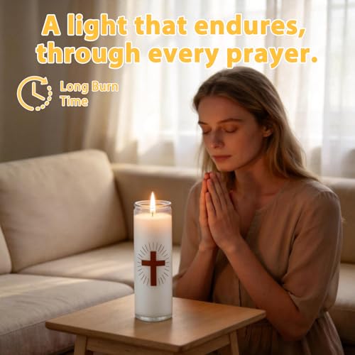 White Prayer Candles, Devotional Prayer Candle in Glass Jars, Long‑Burning Smokeless Cross Catholic Candles for Church, Altar Vigil & Memorials - size: 1