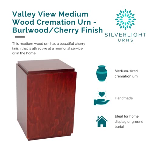 Valley View Medium Wood Urn - Burlwood/Cherry Finish, Wooden Urn for Ashes, Medium Sized Cremation Urn
