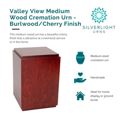 Valley View Medium Wood Urn - Burlwood/Cherry Finish, Wooden Urn for Ashes, Medium Sized Cremation Urn