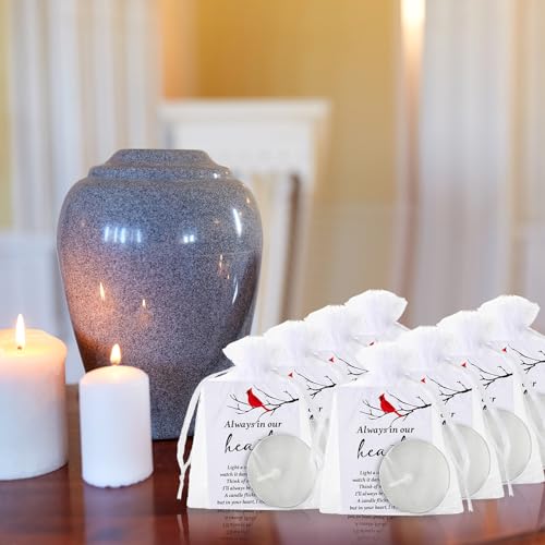 Coume 50 Set Funeral Party Favors Memorial White Candles Unscented Funeral Gifts Tealight Candles with Condolence Bereavement Cards, Organza Bags for Guest Celebration of Life Decorations (Cardinal) - style: Cardinal