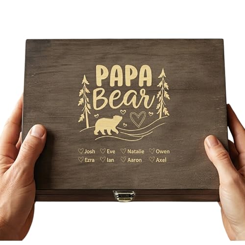 Personalized Gift for Dad or Grandpa, Engraved Wooden Family Memory Box | Add kids' or grandkids' names. 4 sizes, 4 finishes and optional inside engraving. For photos, letters & family keepsakes. - style: 17. Papa Bear Designs