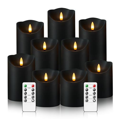 Nimiko Flameless Candles with Remote, Battery Operated Flickering Flameless Candles, LED Candles with Timer 2/4/6/8H, with Realistic LED Candles Set of 9 (D3 x H 3" 4" 5" 6" 7") (Black) - color: Black