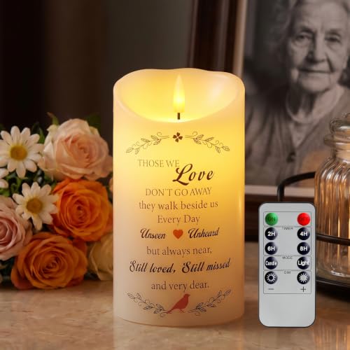 Homemory 4x7 Flameless Memorial Candle Sympathy Gifts for Loss of Loved One | Real Wax LED Candle with Remote Timer, 3D Flickering Flame and Long Battery Life for Honoring Loved Ones at Home or Funeral - color: Those We Love Don’t Go Away