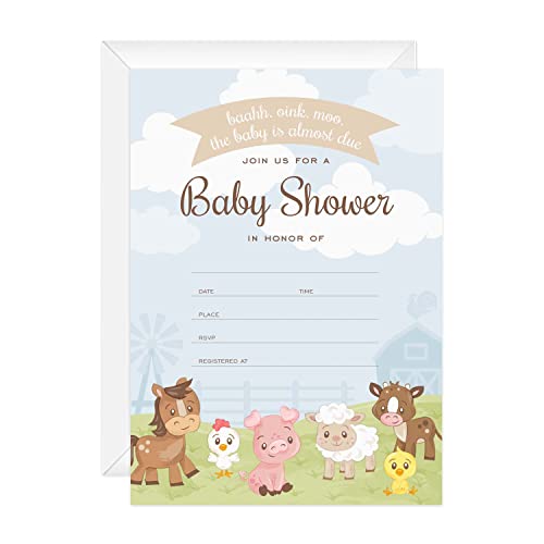 Canopy Street Barnyard Baby Shower Invites / 25 Cards With White Envelopes / 5" x 7" Farm Animal Invitations/Fill In Gender Neutral Country Baby Cards/Made In The USA - color: Barnyard