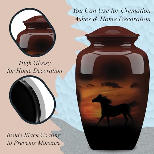 Forever URNS Adult Cremation Funeral Urn with Printed Black Horse in Evening Sunlight Theme for Human Ashes of Female & Male | 200 cu in | Large | Completely Handcrafted with Velvet Protection Bag