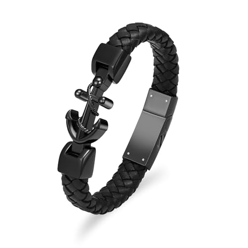 Minicremation Cremation Anchor Urn Bracelet for Ashes for Women Men Stainless Steel Leather Bangle Bracelet Memorial Keepsake Human Cuff Ases Bracelet - color: Black-22cm/8.66“