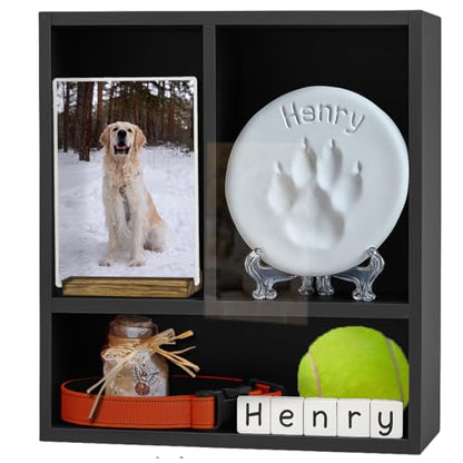 Solid Wood Pet Memorial Shadow Box Frame with Shelves | Deep Pet Memory Box for Dogs or Cats Paw print 4x6" Photo Frame Keepsake as Loss Remembrance-Black