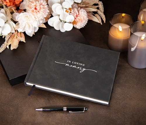 in Loving Memory Funeral Guestbook w/Pen & Box (Design 2) - 9.5 x 7 Black Hardcover with Sliver Embossing, 60 Lined Pages - Memorial Service & Celebration of Life Guest Book Keepsake - color: Design 2