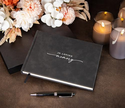in Loving Memory Funeral Guestbook w/Pen & Box (Design 2) - 9.5 x 7 Black Hardcover with Sliver Embossing, 60 Lined Pages - Memorial Service & Celebration of Life Guest Book Keepsake - color: Design 2