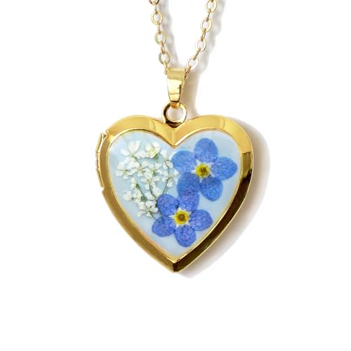 Handmade Heart Shaped Dried Pressed Forget Me Not Flower Photo Locket Pendant Necklace - color: Gold, style: customized