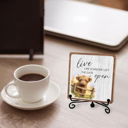 Highland Cow Wooden Sign Gift, Funny Rural Farmhouse Inspirational Decor | Rustic Desk Tabletop, Positive Quotes Decor for Home Office Bedroom, Faith Plaques for Women Men Friend - style: Highland 01