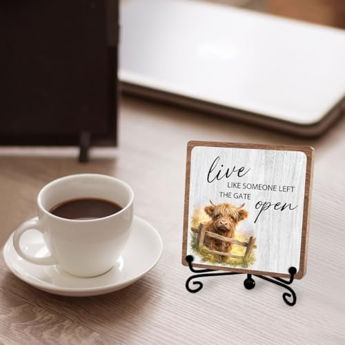 Highland Cow Wooden Sign Gift, Funny Rural Farmhouse Inspirational Decor | Rustic Desk Tabletop, Positive Quotes Decor for Home Office Bedroom, Faith Plaques for Women Men Friend - style: Highland 01