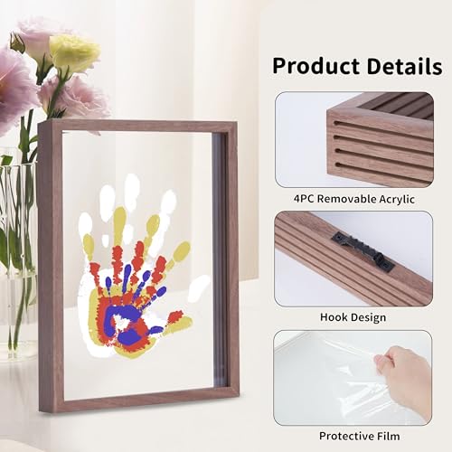 CHERRY CHEERS Family Handprint Kit, DIY Craft Keepsake Wooden Frame, Endless Gift Set, Non-Toxic Paints, Transparent Sheets (Brown) - color: Brown