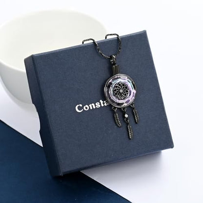 constantlife Circle of Life Dreamcatcher Cremation Jewelry for Ashes Stainless Steel Crystal Pendant Urn Necklace Keepsake Human Pet Memorial Gift for Women Men - color: Black-Purple