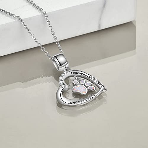 YFN Paw Print Necklace Sterling Silver Dog Cat Charms Pendant Cremation Jewelry Cat Dog Memorial Gifts for Women Girls - color: White Opal