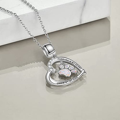 YFN Paw Print Necklace Sterling Silver Dog Cat Charms Pendant Cremation Jewelry Cat Dog Memorial Gifts for Women Girls - color: White Opal