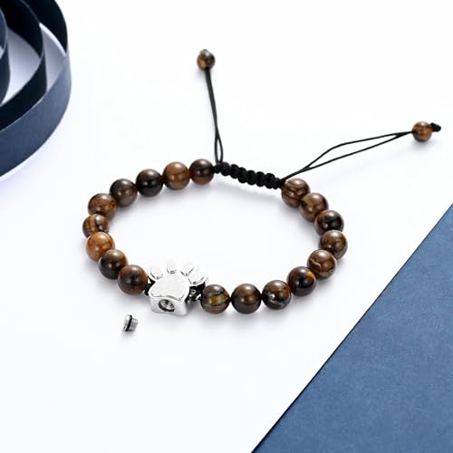 constantlife Cremation Bracelet for Pets Ashes - Dog Paw Pendant Bangle Stainless Steel Memorial Urn Jewelry - color: Tiger Stone-Silver