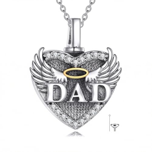 Family Members Urn Necklace for Ashes 925 Sterling Silver Angel Wings Heart Cremation Memorial Keepsake Pendant Jewelry for Loved One's Ashes, with 18" + 2" Stainless Steel Chain - style: Heart-Dad