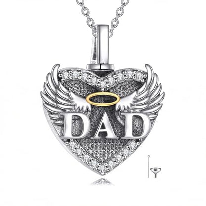 Family Members Urn Necklace for Ashes 925 Sterling Silver Angel Wings Heart Cremation Memorial Keepsake Pendant Jewelry for Loved One's Ashes, with 18" + 2" Stainless Steel Chain - style: Heart-Dad