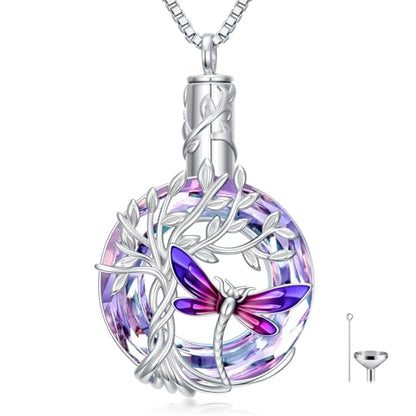 TOUPOP Butterfly Necklace for Women 925 Sterling Silver Tree of Life Butterflies Dragonfly Hummingbird Pendant Necklaces Crystal Jewelry Anniversary Christmas Birthday Gift for Her - color: Dragonfly Purple - Urn